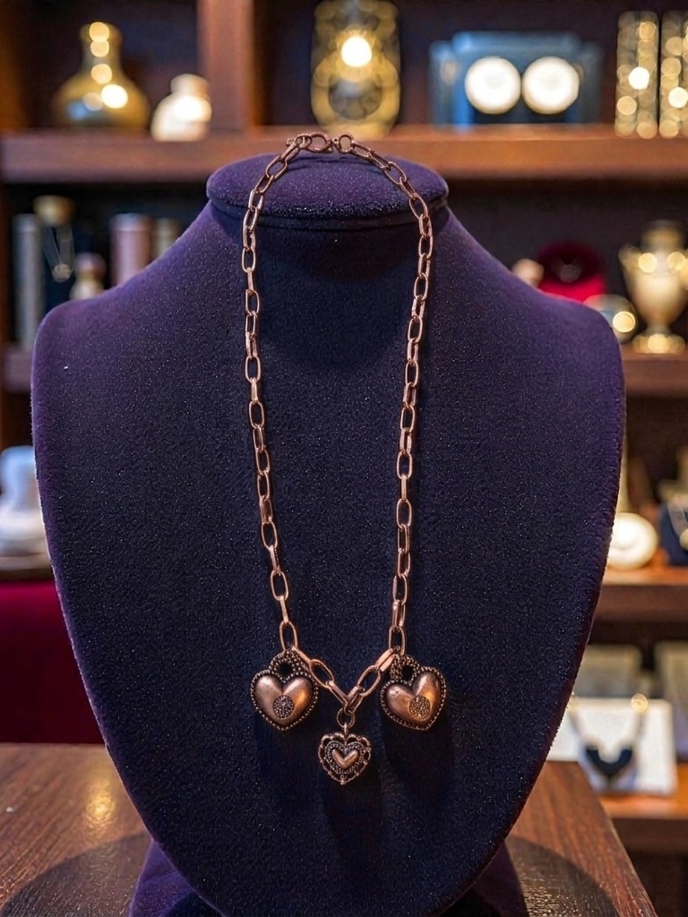 Copper Triple Heart Charm Chain Link Necklace Vintage Style